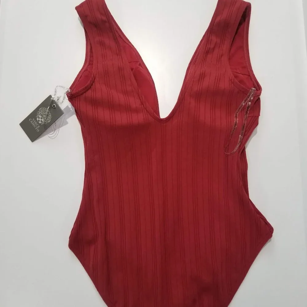 Vince Camuto Ribbed Plunge V-Neck One-Piece Swimsuit Sangria Size 10 - Picture 5 of 9
